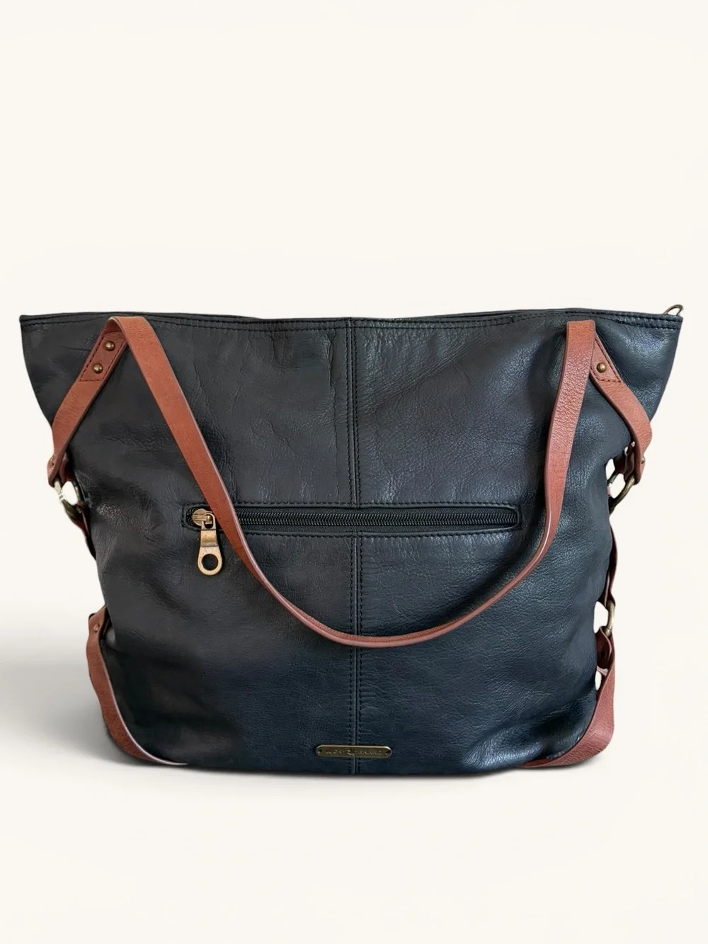 Lucky Brand Black Leather Tote with Brown Straps